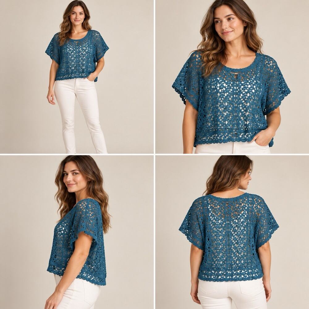 Dressbarn Womens L Teal Crochet Open Knit Short Sleeve Top